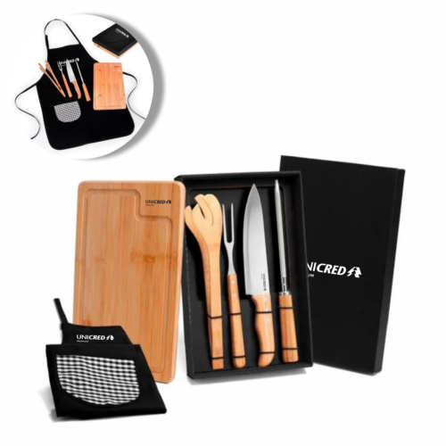 Kit Para Churrasco Em Bambu /Madeira/ Inox com Avental RBSMME 04813